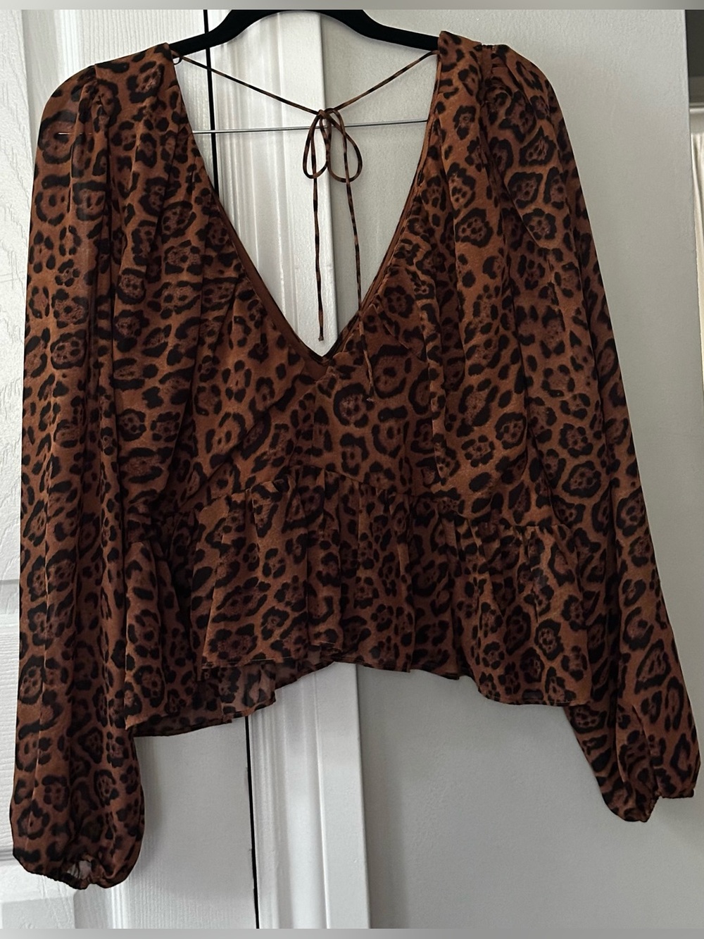 H&M Brown and Black Leopard Print V-Neck Peplum Blouse